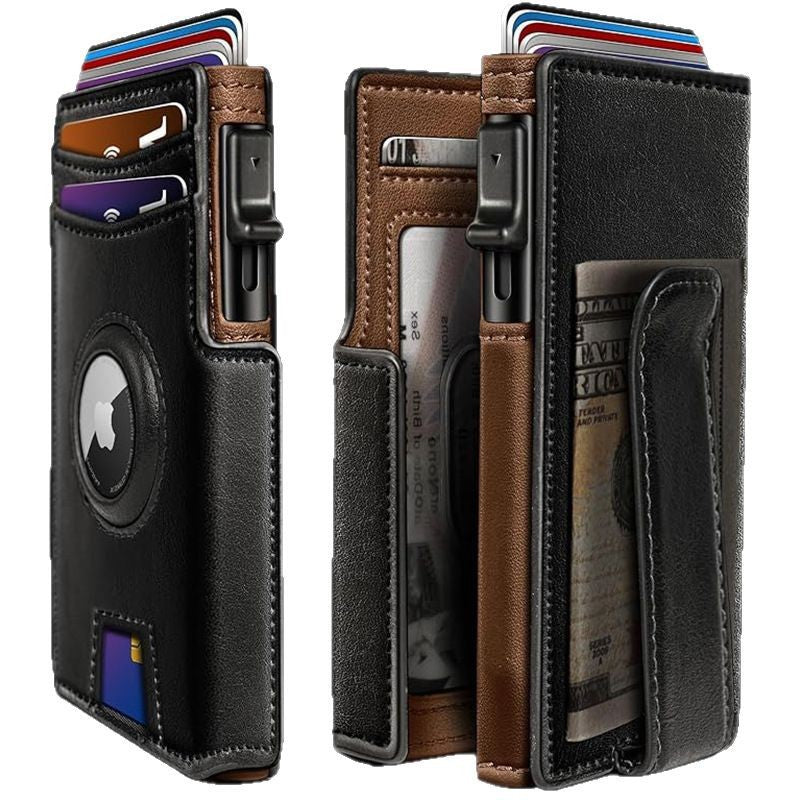 Ultra-Thin Magnetic Flip RFID Wallet in black and brown synthetic leather, with card slots, snap clip and circular tracker pocket.