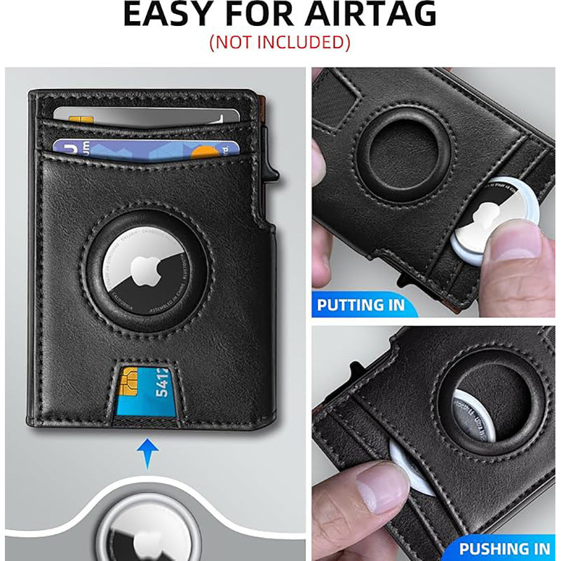 Ultra-Thin Magnetic Flip RFID Wallet in black and brown synthetic leather, with card slots, snap clip and circular tracker pocket.