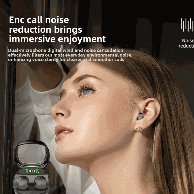 Ultra-Thin Sleep Bluetooth Headset shown as a small black wireless earbud worn in a woman's ear, with a charging case
