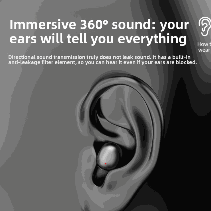 Ultra-Thin Sleep Bluetooth Headset shown as a small black earbud fitted inside an ear, with a curved open-ear loop