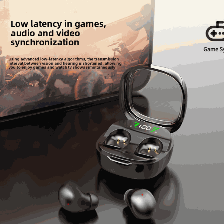 Ultra-Thin Sleep Bluetooth Headset with black in-ear earbuds, glossy charging case, and a digital battery display