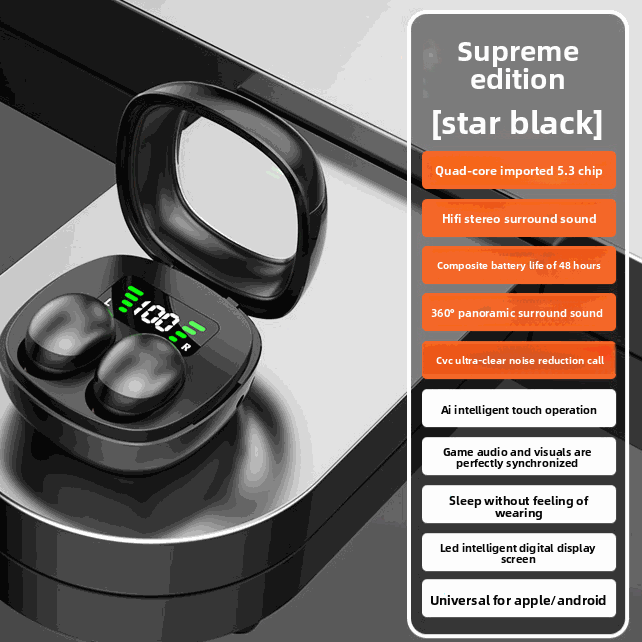 Ultra-Thin Sleep Bluetooth Headset with glossy black wireless earbuds in an open charging case and a digital battery display