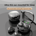 Ultra-Thin Sleep Bluetooth Headset with black in-ear earbuds, glossy charging case, and a digital battery display