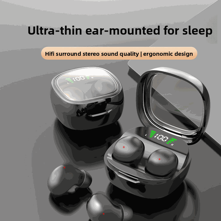 Ultra-Thin Sleep Bluetooth Headset with black in-ear earbuds, glossy charging case, and a digital battery display