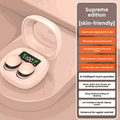 Ultra-Thin Sleep Bluetooth Headset with two pale pink wireless earbuds in an open charging case with a digital display