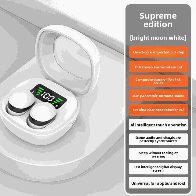 Ultra-Thin Sleep Bluetooth Headset shown as white wireless earbuds in an open charging case with a digital display