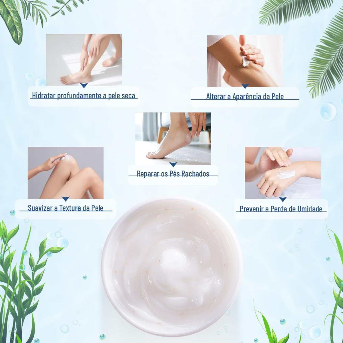 Urea Cream for Hands and Feet shown as a white cream swirl with panels illustrating skin and foot care benefits