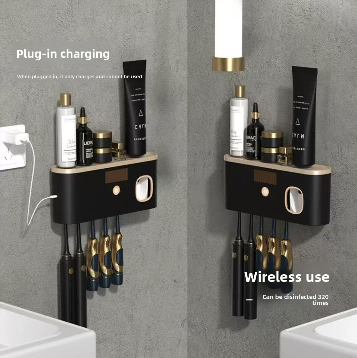 UV Sterilizing Toothbrush Holder, black wall-mounted organizer with gold accents, UV window and hanging toothbrushes