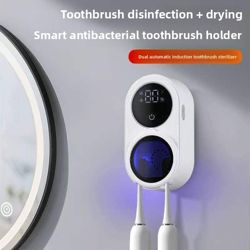 UV Sterilizing Toothbrush Holder in white ABS plastic with a black digital display, blue-lit sterilizing chamber and two toothbrushes