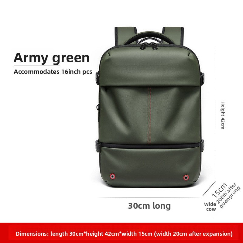 Vacuum Compression Travel Backpack in army green with a smooth Oxford-style finish, front zip pocket and compression buckles