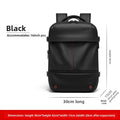 Vacuum Compression Travel Backpack in black Oxford cloth with a smooth solid finish, front zipper compartments and expandable design