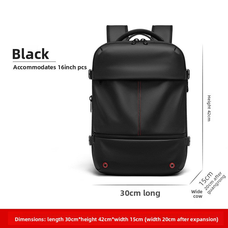 Vacuum Compression Travel Backpack in black Oxford cloth with a smooth solid finish, front zipper compartments and expandable design