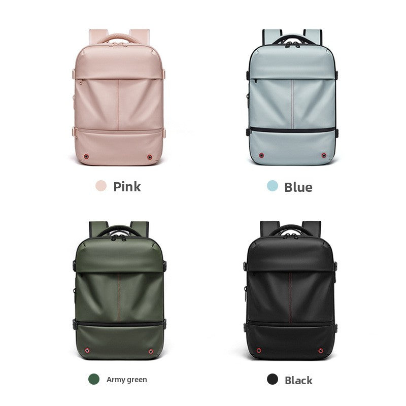 Vacuum Compression Travel Backpack in pale pink, smooth fabric with zippered compartments, compression straps and padded mesh shoulder straps
