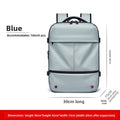 Vacuum Compression Travel Backpack in light blue with a smooth Oxford cloth shell, black zippers and expandable sides
