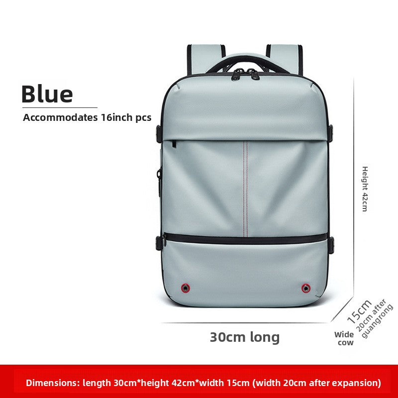 Vacuum Compression Travel Backpack in light blue with a smooth Oxford cloth shell, black zippers and expandable sides