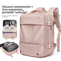 Vacuum Compression Travel Backpack in pale pink, smooth fabric with zippered compartments, compression straps and padded mesh shoulder straps
