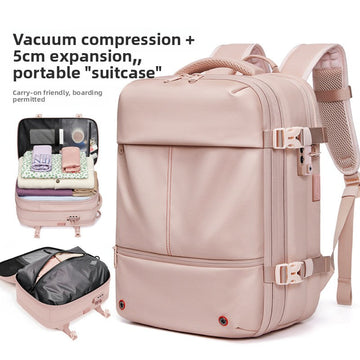 Vacuum Compression Travel Backpack in pale pink, smooth fabric with zippered compartments, compression straps and padded mesh shoulder straps
