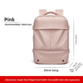 Vacuum Compression Travel Backpack in blush pink Oxford cloth, featuring a rounded shape, front zip pocket and top handle