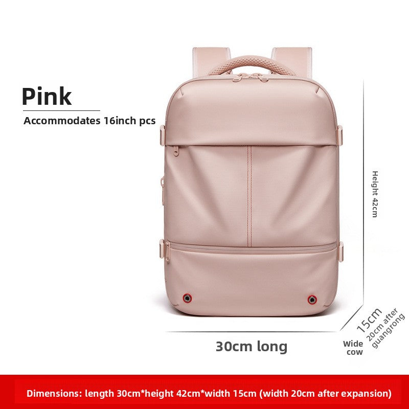 Vacuum Compression Travel Backpack in blush pink Oxford cloth, featuring a rounded shape, front zip pocket and top handle