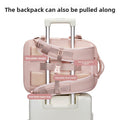 Vacuum Compression Travel Backpack in blush pink Oxford cloth with padded shoulder straps, chest buckle and luggage attachment