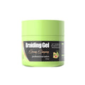 VIBE Haircare Braid Styling Gel in a lime green plastic jar with a dark label, bold white lettering and avocado graphic