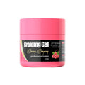 VIBE Haircare Braid Styling Gel in a bright pink tub with a black label, white lettering, and raspberry graphics