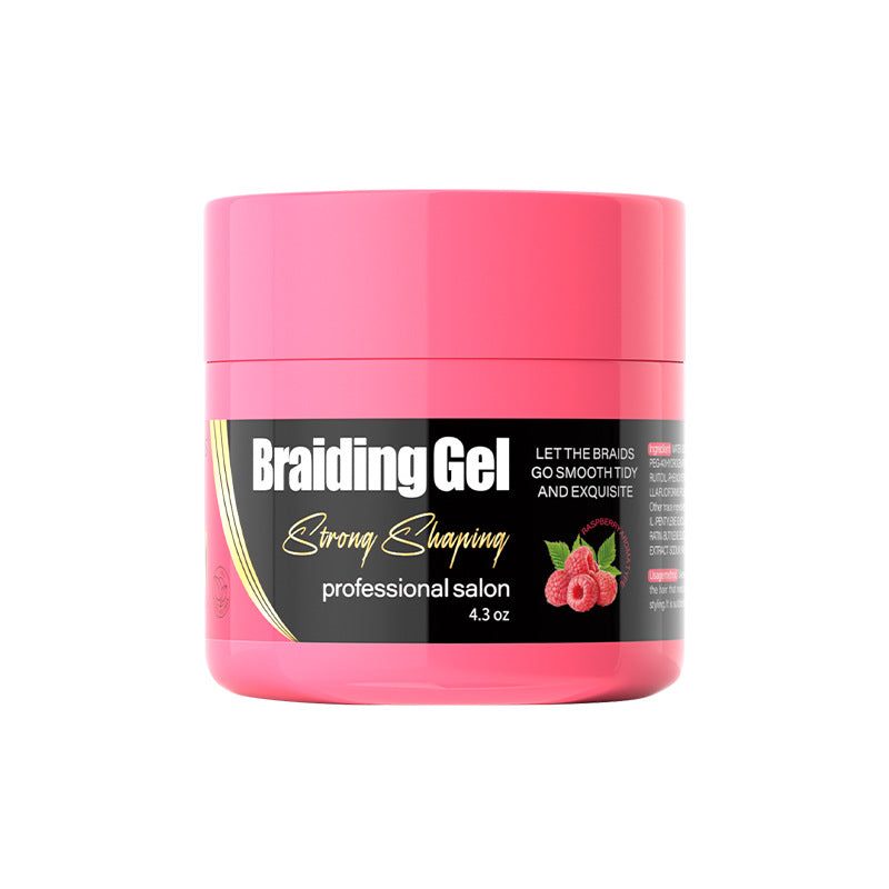 VIBE Haircare Braid Styling Gel in a bright pink plastic jar with a black label, white lettering and raspberry graphics