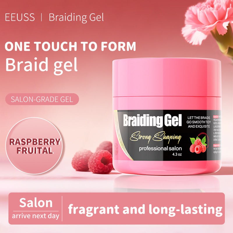 VIBE Haircare Braid Styling Gel in a bright pink jar with a black label, raspberry graphics and strong shaping text