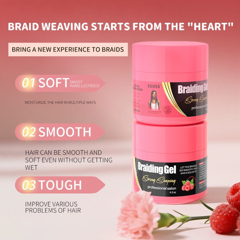 VIBE Haircare Braid Styling Gel in bright pink cylindrical jars, with black-and-gold labels and a smooth capped design