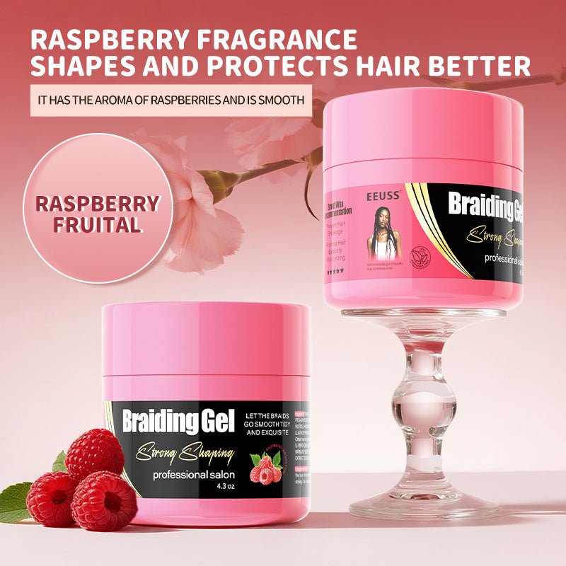 VIBE Haircare Braid Styling Gel in a pink jar with black-and-white label, raspberry fruit images and salon styling text