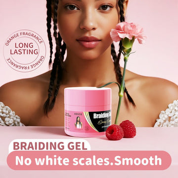 VIBE Haircare Braid Styling Gel in a pink tub, with a matching pink lid and black label beside raspberries