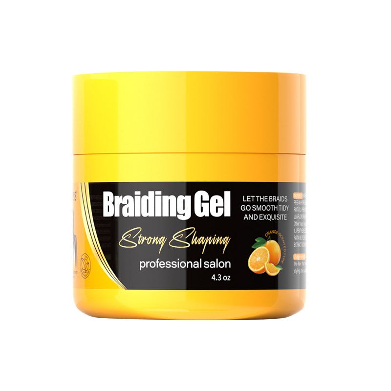 VIBE Haircare Braid Styling Gel in a bright yellow-orange jar with a black label, citrus graphics and bold braiding gel text