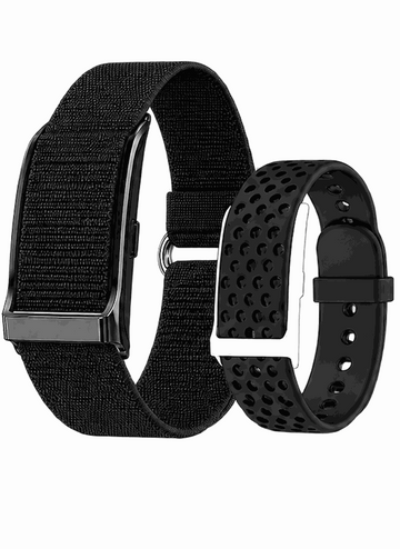 VIBE LOOP™ Air Fitness Wristband Monitor with black woven fabric and perforated silicone straps, rectangular metal-edged display and buckle closure.