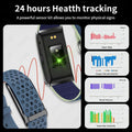 VIBE LOOP™ Air Fitness Wristband Monitor with black rectangular sensor, perforated blue band and health tracking charts