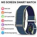 VIBE LOOP™ Air Fitness Wristband Monitor in blue woven fabric with lime trim, square sensor module and no-screen design