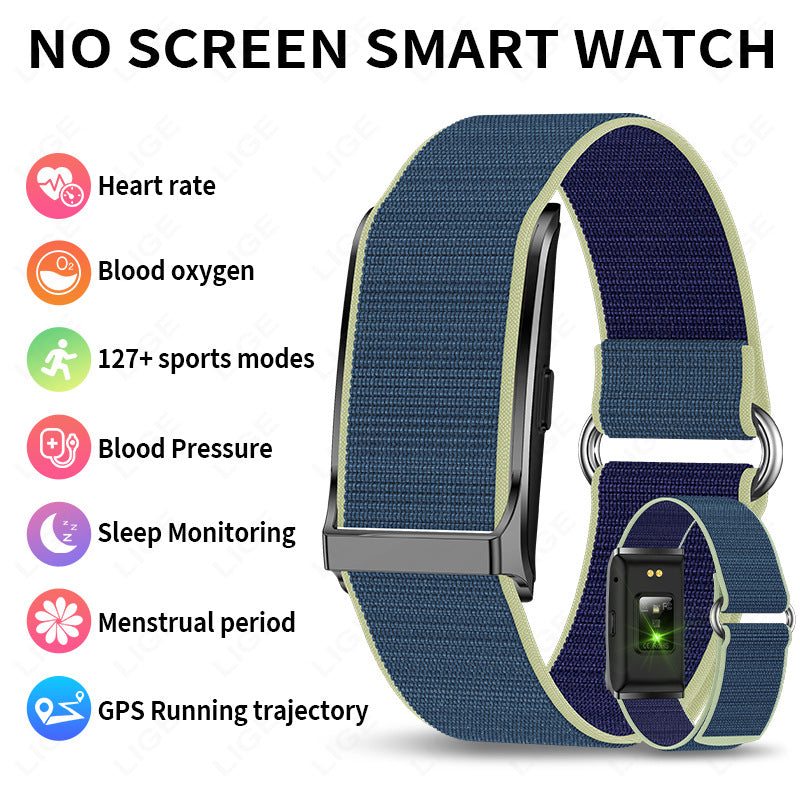VIBE LOOP™ Air Fitness Wristband Monitor in blue woven fabric with lime trim, square sensor module and no-screen design