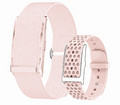 VIBE LOOP™ Air Fitness Wristband Monitor with pale blush woven fabric and perforated silicone straps, shown in two styles.