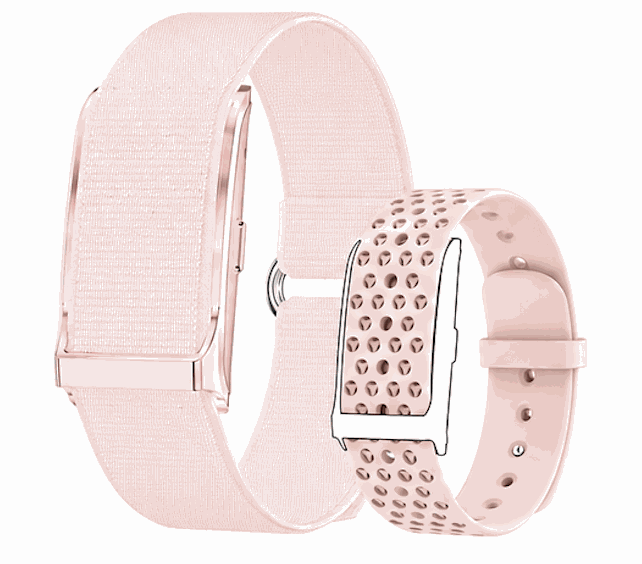 VIBE LOOP™ Air Fitness Wristband Monitor with pale blush woven fabric and perforated silicone straps, shown in two styles.
