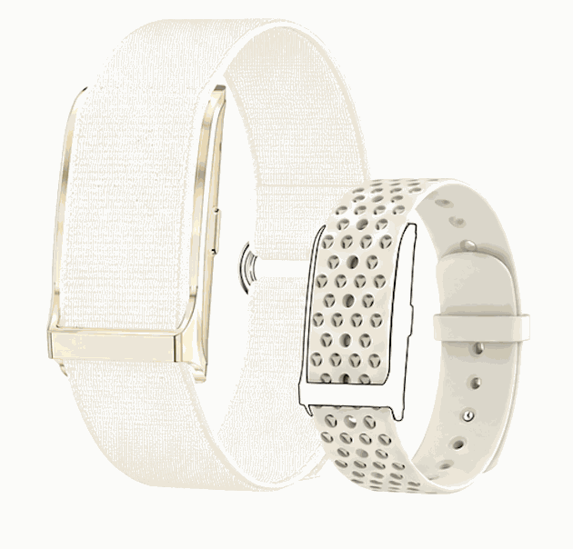 VIBE LOOP™ Air Fitness Wristband Monitor with two cream woven and perforated silicone strap options, shown without a watch face