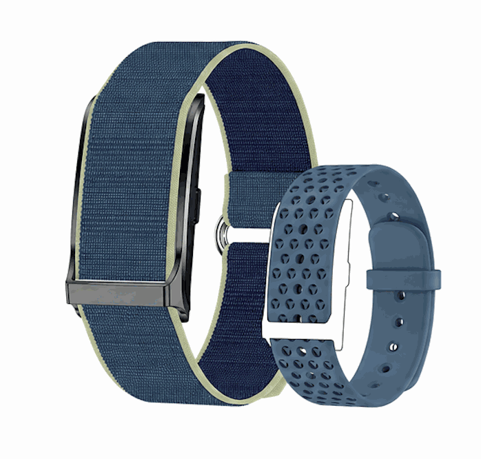VIBE LOOP™ Air Fitness Wristband Monitor with navy woven fabric and blue perforated silicone straps, shown as two band options