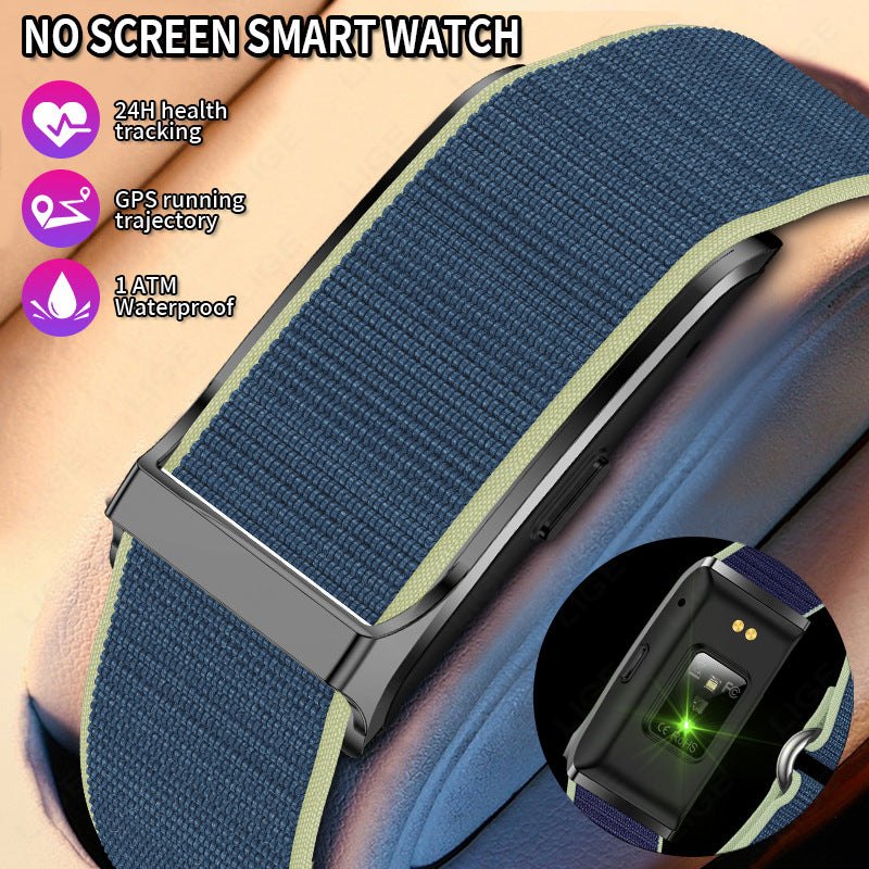 VIBE LOOP™ Air Fitness Wristband Monitor with a textured navy woven strap, lime edging and slim black body, shown screenless