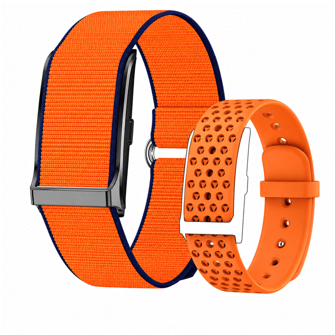 VIBE LOOP™ Air Fitness Wristband Monitor with black woven fabric and perforated silicone straps, rectangular metal-edged display and buckle closure.