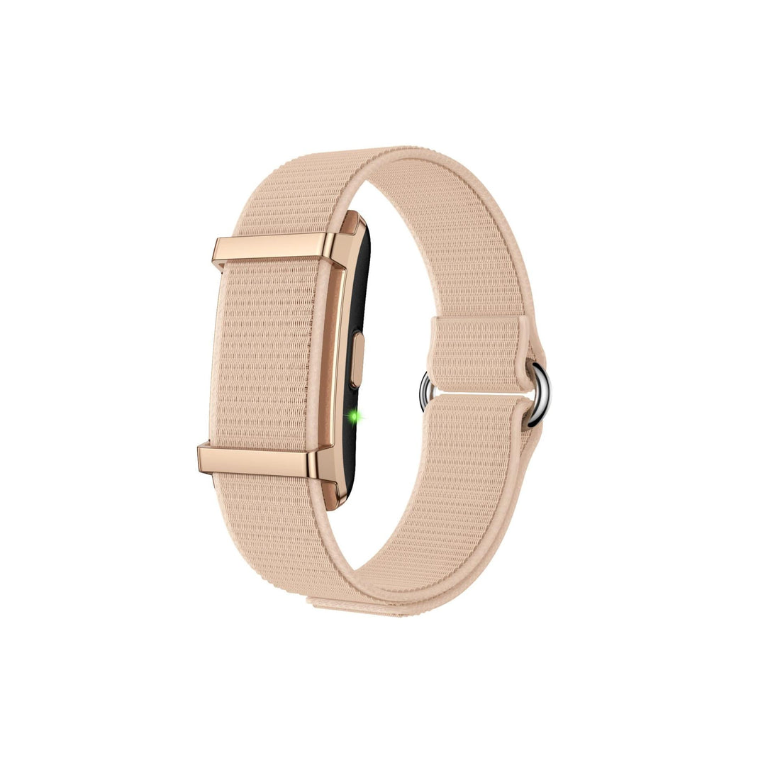 Smart wristband, VIBE LOOP Ban, beige ribbed woven strap with rose-gold rectangular case and slim double bars.