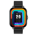 VIBE LOOP Ban smartwatch with a black rounded-square case and mesh metal band, featuring a vivid multicolour digital display.