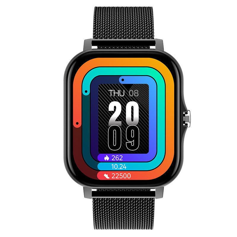 VIBE LOOP Ban smartwatch with a black rounded-square case and mesh metal band, featuring a vivid multicolour digital display.