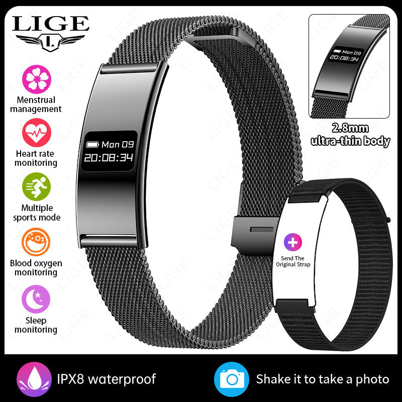 VIBE LOOP Ban smart wristband with a slim black display, textured black mesh band and detachable strap design