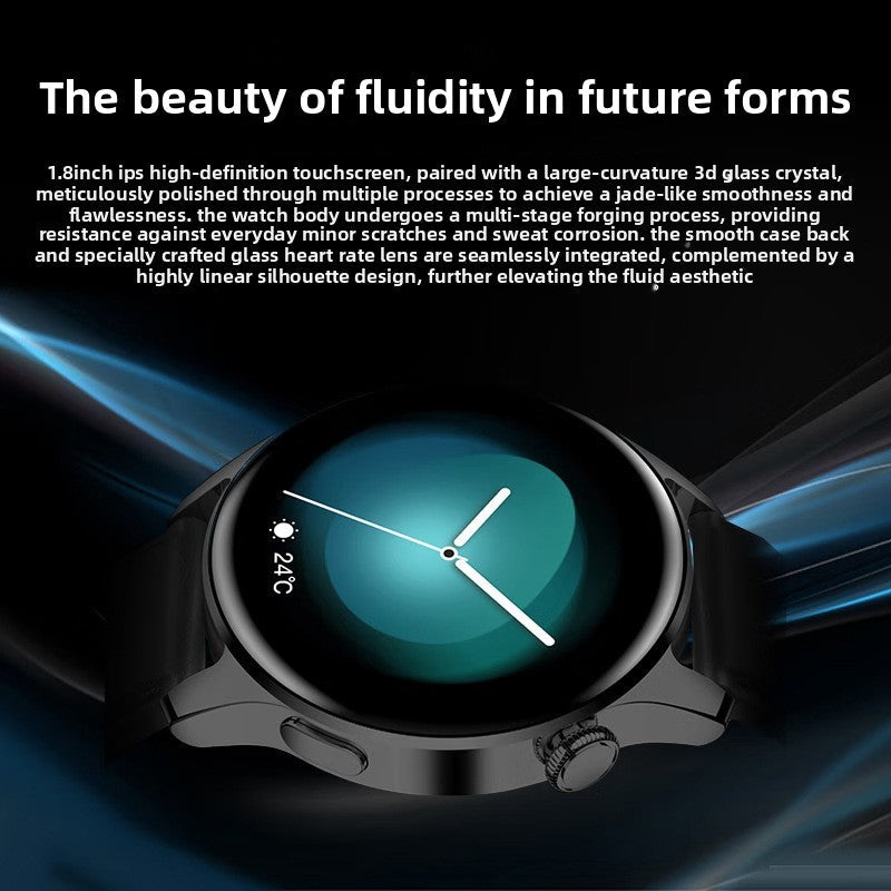 VIBE LOOP Ban smartwatch with a round black display and polished dark metal link bracelet, featuring a sleek geometric screen design.