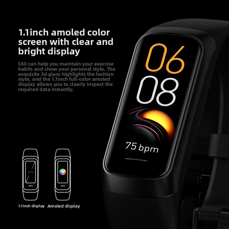 VIBE LOOP Ban smart watch with a glossy black rectangular screen, smooth black silicone band and adjustable buckle

