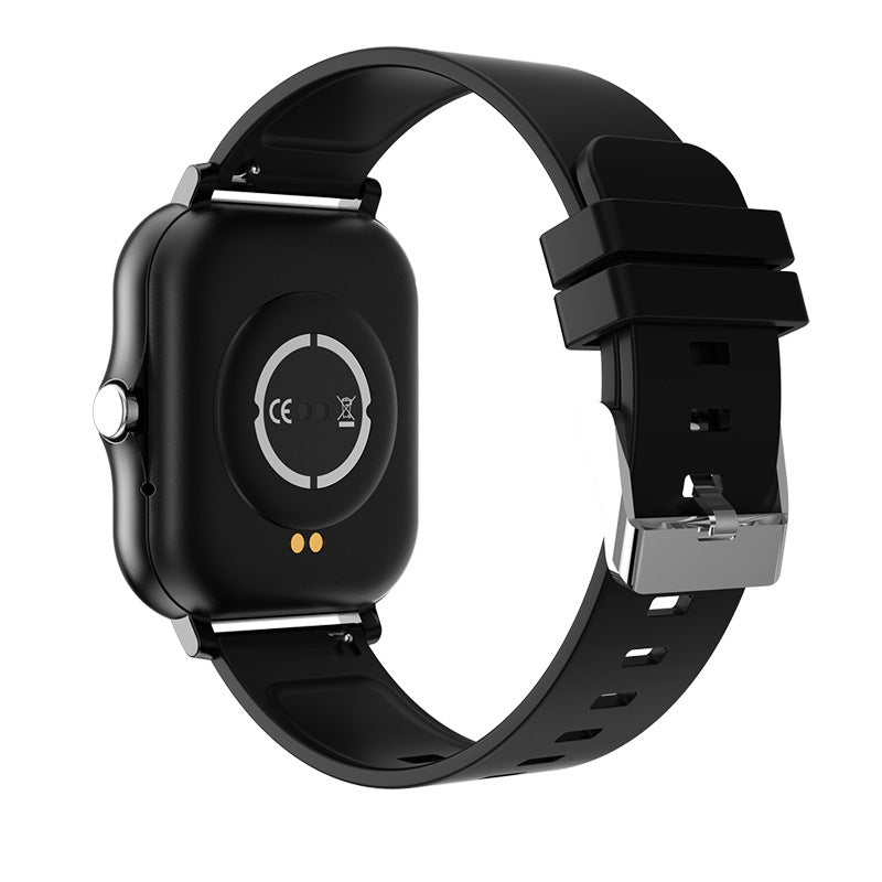 VIBE LOOP Ban smartwatch with a black silicone strap, rounded square case, side button and rear sensor
