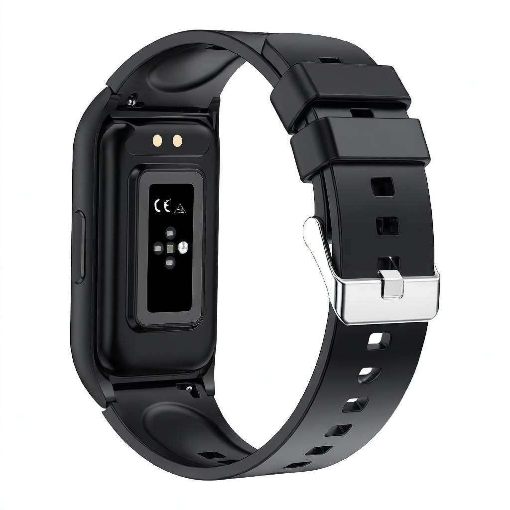 VIBE LOOP Ban smart watch with a black rectangular touchscreen, dark blue silicone strap and silver buckle clasp.
